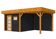 Hillhout douglas Topvision tuinhuis Raaf 298x298 cm, luifel 300 cm, met enkele deur en raam, wanden zwart geïmpregneerd, basis onbehandeld.