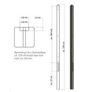 Lichtgewicht betonpaal met diamantkop ongecoat 8,5x8,5x280 cm, eindpaal, antraciet