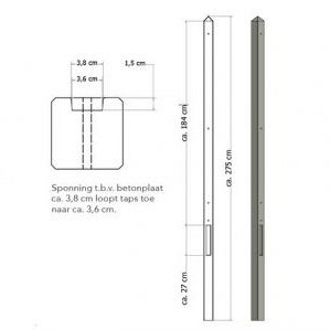 Lichtgewicht betonpaal met diamantkop ongecoat 8,5x8,5x280 cm, eindpaal, grijs