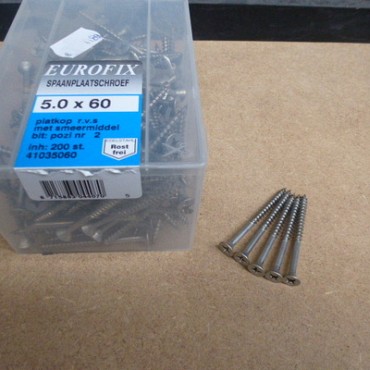 Spaanplaatschroef pozidrive 5.0X60 (200ST) PK RVS kuip