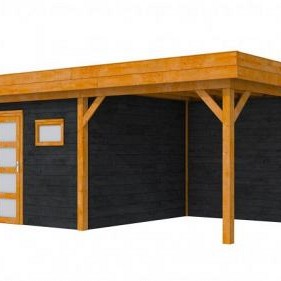 Hillhout douglas Topvision tuinhuis Raaf 298x298 cm, luifel 300 cm, met enkele deur en raam, wanden zwart geïmpregneerd, basis kleurloos geïmpregneerd.