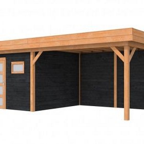Hillhout douglas Topvision tuinhuis Raaf 298x298 cm, luifel 400 cm, met enkele deur en raam, wanden zwart geïmpregneerd, basis onbehandeld.