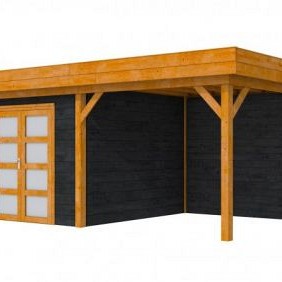 Hillhout douglas Topvision tuinhuis Roek 298x298 cm, luifel 300 cm, met dubbele deur, wanden zwart geïmpregneerd, basis kleurloos geïmpregneerd.