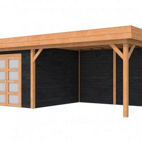 Hillhout douglas Topvision tuinhuis Roek 298x298 cm, luifel 400 cm, met dubbele deur, wanden zwart geïmpregneerd, basis onbehandeld.