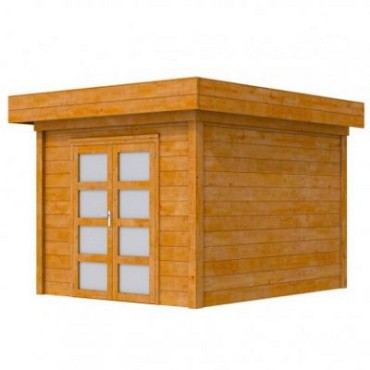 Hillhout douglas Topvision tuinhuis Roek 298x298 cm, met dubbele deur, transparant gespoten.
