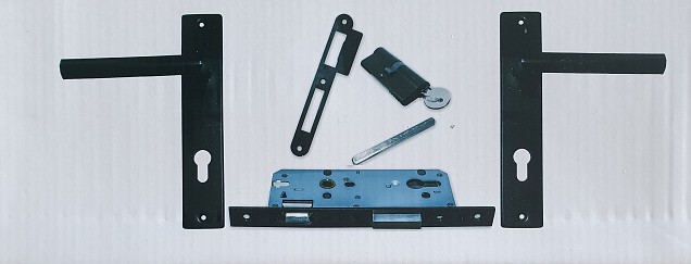 Deurslot-set, zwart kruk/schild recht, voor- en sluitplaat RVS