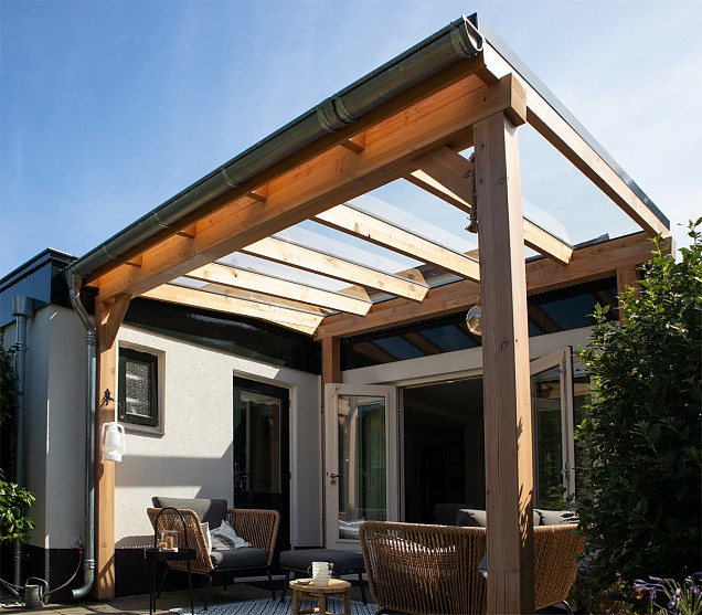 Pext Veranda Douglas - 5960x5000 vrijstaand - staanders 18x18 cm - zwart - gelaagd glas