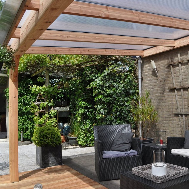 Pext Veranda Douglas - 3060x4000 muuraanbouw - staanders 14x14 cm - blank aluminium - polycarbonaat helder
