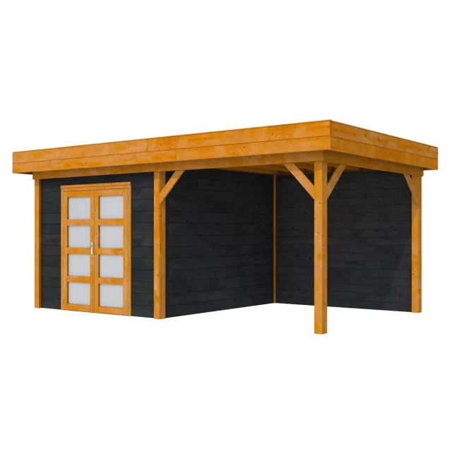 Hillhout douglas Topvision tuinhuis Roek 298x298 cm, luifel 300 cm, met dubbele deur, wanden zwart geïmpregneerd, basis kleurloos geïmpregneerd.
