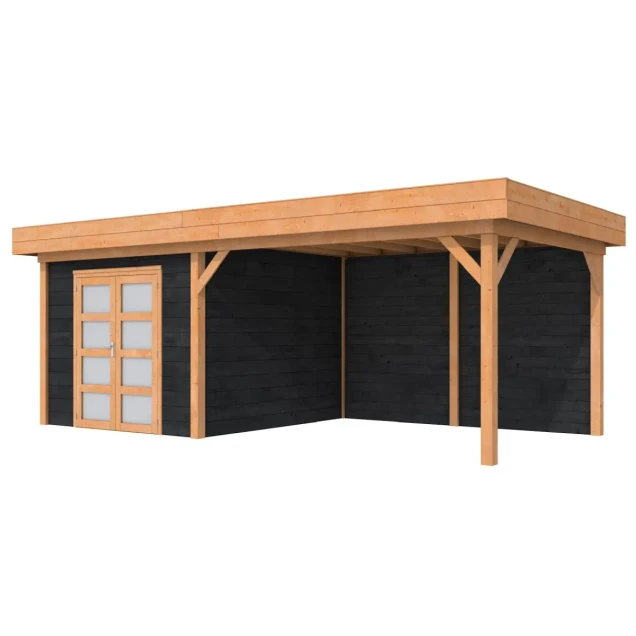 Hillhout douglas Topvision tuinhuis Roek 298x298 cm, luifel 400 cm, met dubbele deur, wanden zwart geïmpregneerd, basis onbehandeld.