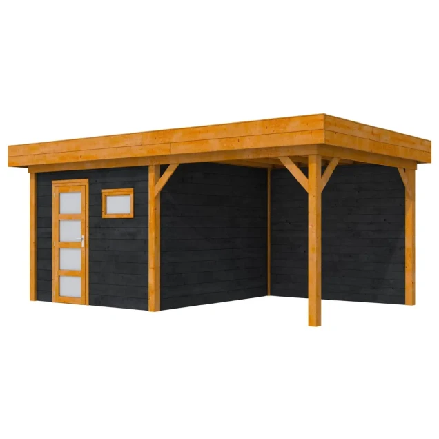 Hillhout douglas Topvision tuinhuis Raaf 298x298 cm, luifel 300 cm, met enkele deur en raam, wanden zwart geïmpregneerd, basis kleurloos geïmpregneerd.