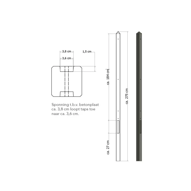 Lichtgewicht betonpaal met diamantkop ongecoat 8,5x8,5x280 cm, tussenpaal, antraciet