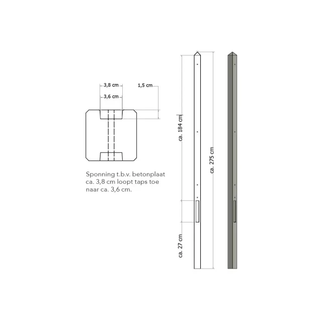 Lichtgewicht betonpaal met diamantkop ongecoat 8,5x8,5x280 cm, tussenpaal, grijs