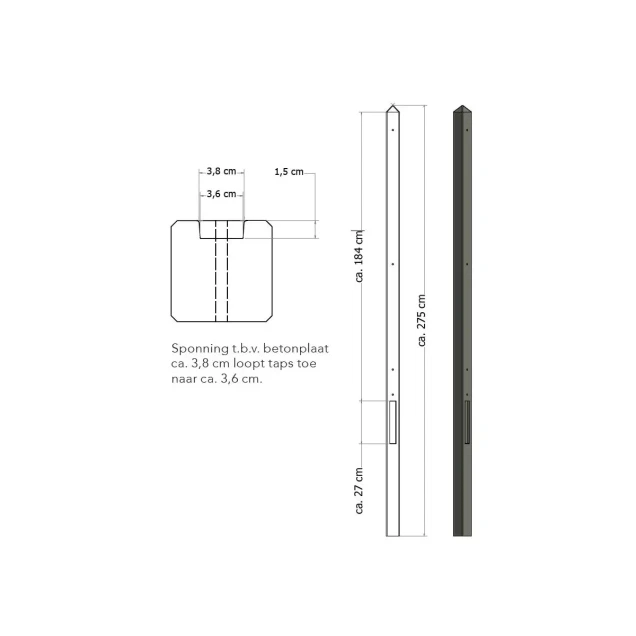 Lichtgewicht betonpaal met diamantkop ongecoat 8,5x8,5x280 cm, eindpaal, antraciet