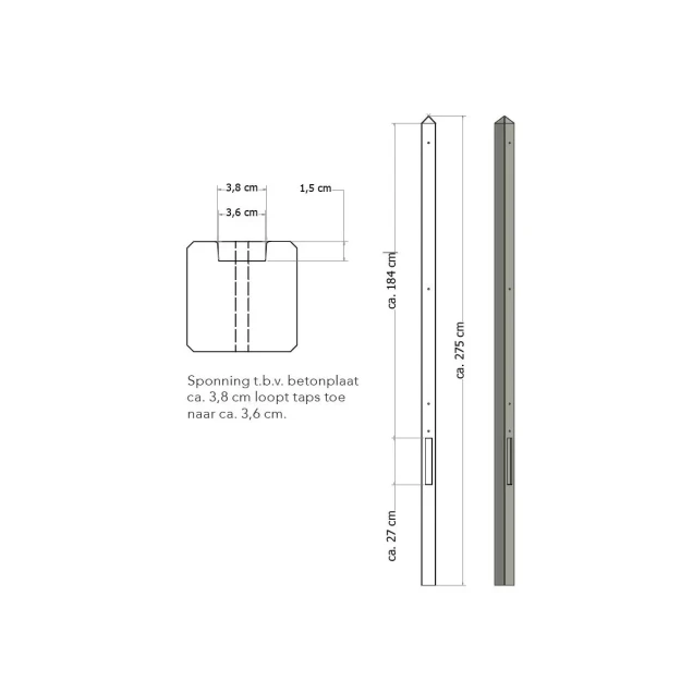 Lichtgewicht betonpaal met diamantkop ongecoat 8,5x8,5x280 cm, eindpaal, grijs