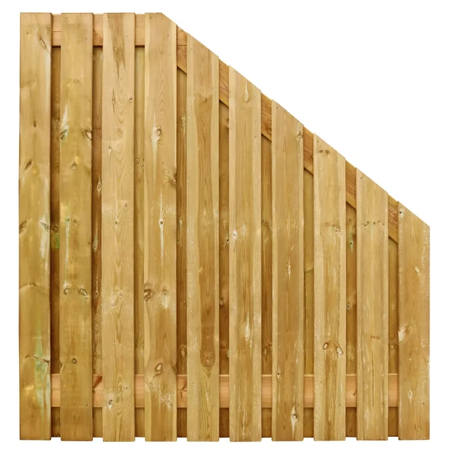Grenen geschaafd plankenscherm 21-planks 15 mm, 180x180-90 cm, verticaal, recht aflopend, groen geïmpregneerd.