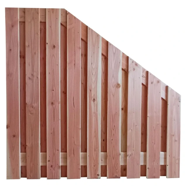 Douglas geschaafd plankenscherm 19-planks 16 mm, 180x180-90 cm, verticaal 4 recht dan aflopend, onbehandeld.
