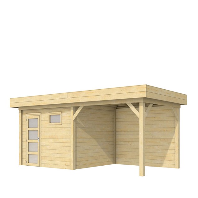 Topvision tuinhuis Bonte Kraai 300x250 cm met luifel 300 cm, met enkele deur en raam, onbehandeld.