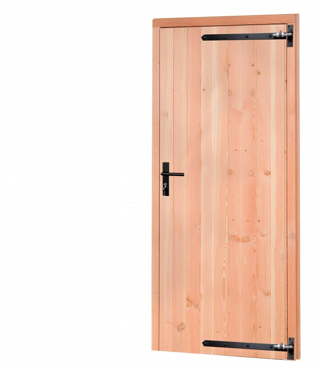 Douglas enkele dichte deur met zwart beslag inclusief kozijn, rechtsdraaiend, 90 x 201 cm, onbehandeld.