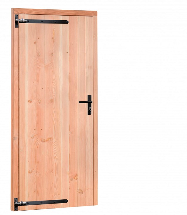 Douglas enkele dichte deur met zwart beslag inclusief kozijn, linksdraaiend, 90 x 201 cm, onbehandeld.