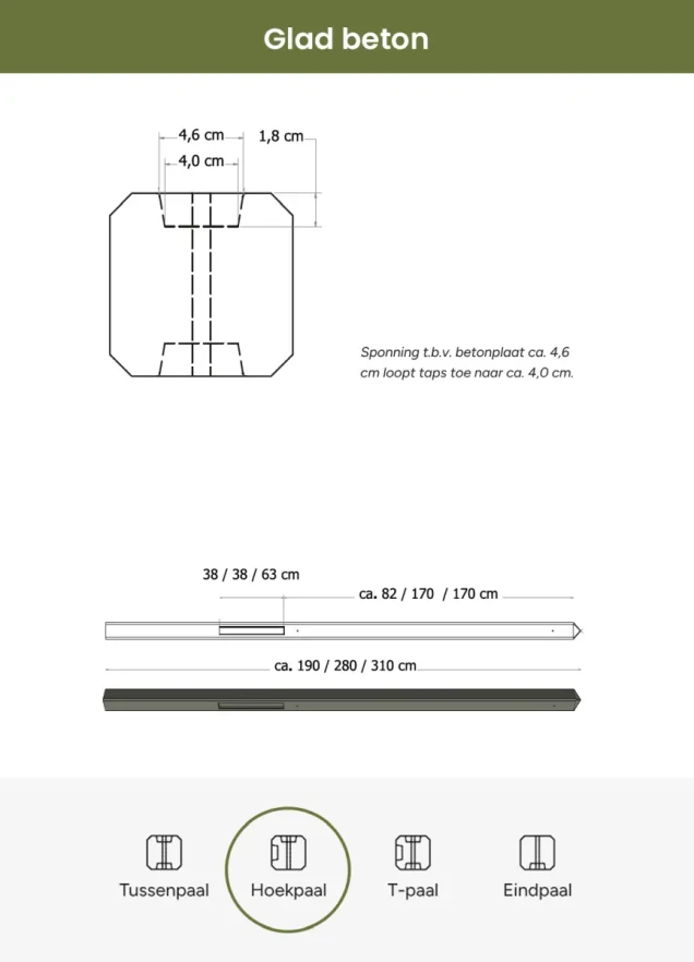 Betonpaal glad met diamantkop 10x10x310 cm, antraciet gecoat, hoekpaal t.b.v. 2 betonplaten.
