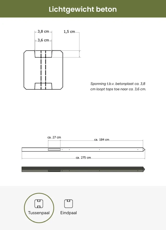 Lichtgewicht betonpaal met diamantkop ongecoat 8,5x8,5x280 cm, tussenpaal, grijs