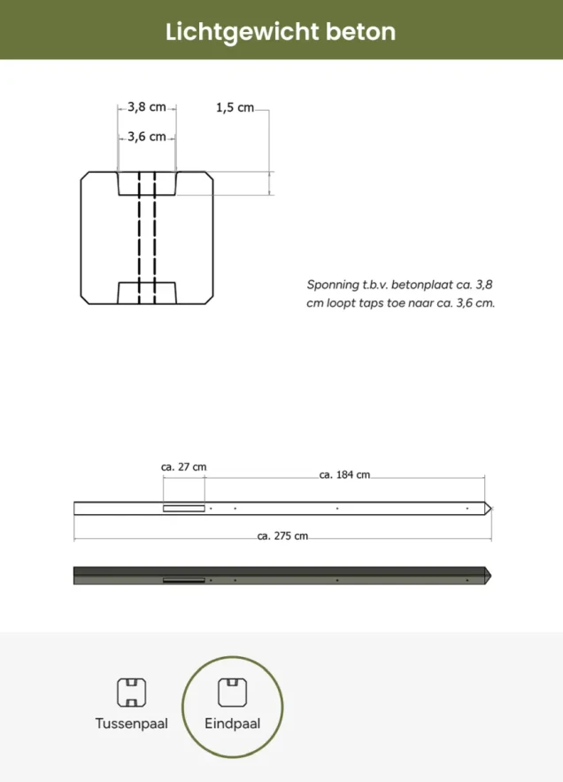 Lichtgewicht betonpaal met diamantkop ongecoat 8,5x8,5x280 cm, eindpaal, grijs