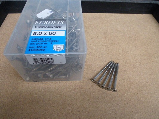 Spaanplaatschroef pozidrive 5.0X60 (200ST) PK RVS kuip