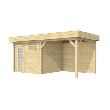 Topvision tuinhuis Bonte Kraai 300x250 cm met luifel 300 cm, met enkele deur en raam, onbehandeld.