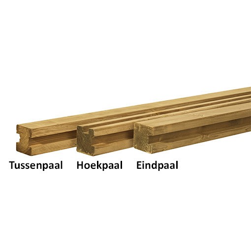 Grenen sleufpaal 8,8x8,8x270 cm, t.b.v. 28 mm profielplanken, tussenpaal, groen geïmpregneerd.