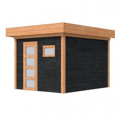 Hillhout douglas Topvision tuinhuis Raaf 298x298 cm, met enkele deur en raam, wanden zwart geïmpregneerd, basis onbehandeld.