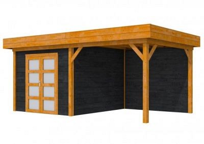 Hillhout douglas Topvision tuinhuis Roek 298x298 cm, luifel 300 cm, met dubbele deur, wanden zwart geïmpregneerd, basis kleurloos geïmpregneerd.