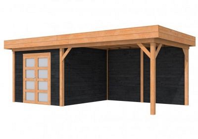 Hillhout douglas Topvision tuinhuis Roek 298x298 cm, luifel 400 cm, met dubbele deur, wanden zwart geïmpregneerd, basis onbehandeld.